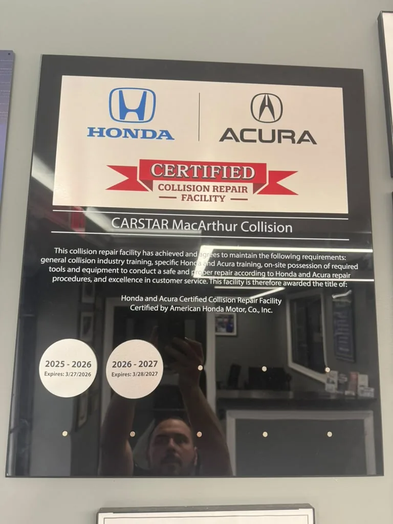 Honda and Acura Certified Collision Repair Facility plaque, certified 2026–2027