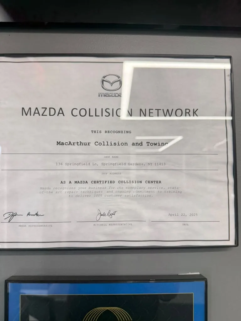 Mazda Collision Network Certified Collision Center certificate