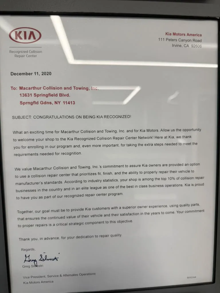 Kia Recognized Collision Repair Center welcome letter