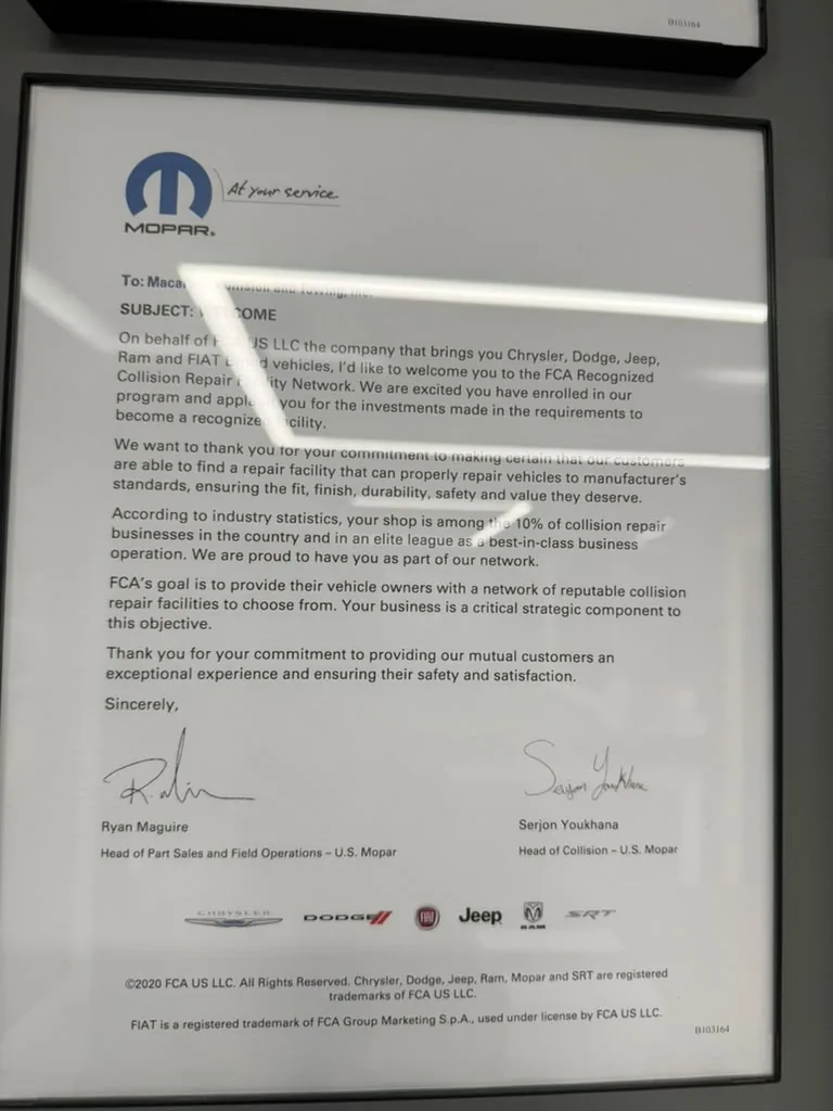 Mopar FCA Recognized Collision Repair Facility welcome letter