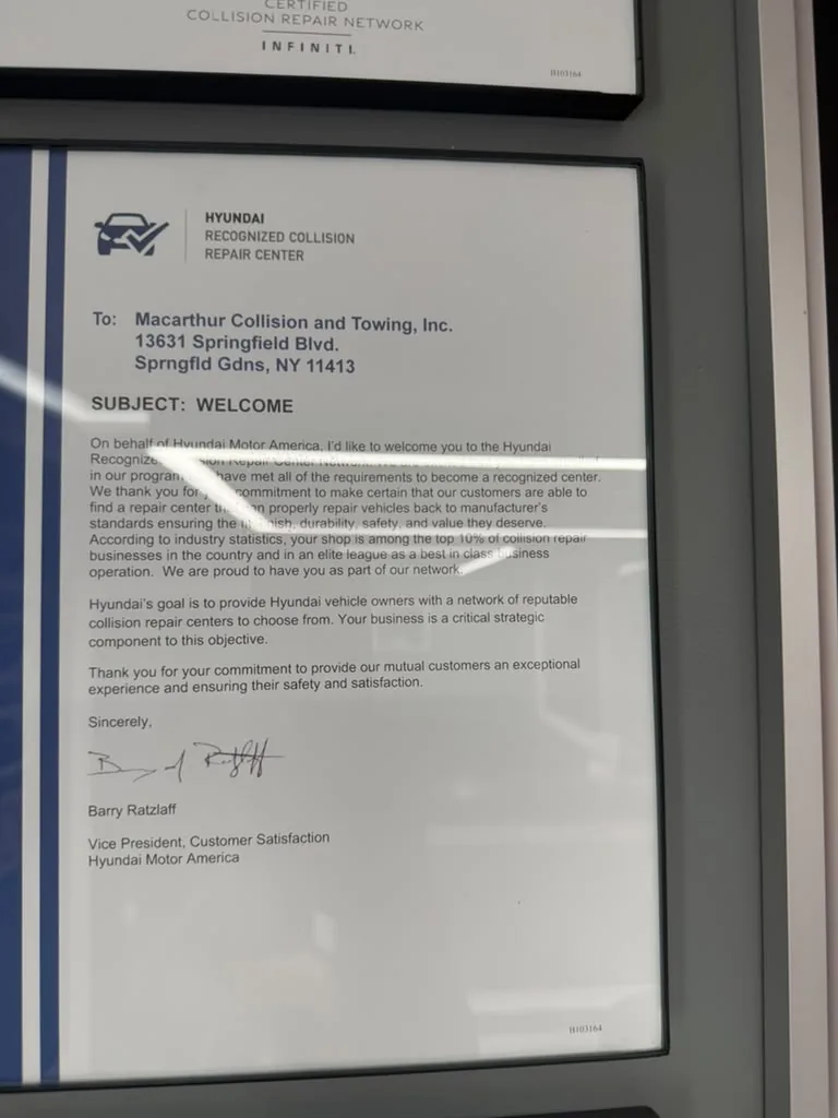 Hyundai Recognized Collision Repair Center welcome letter