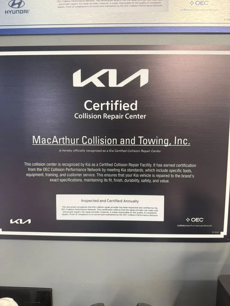 Kia Certified Collision Repair Center plaque