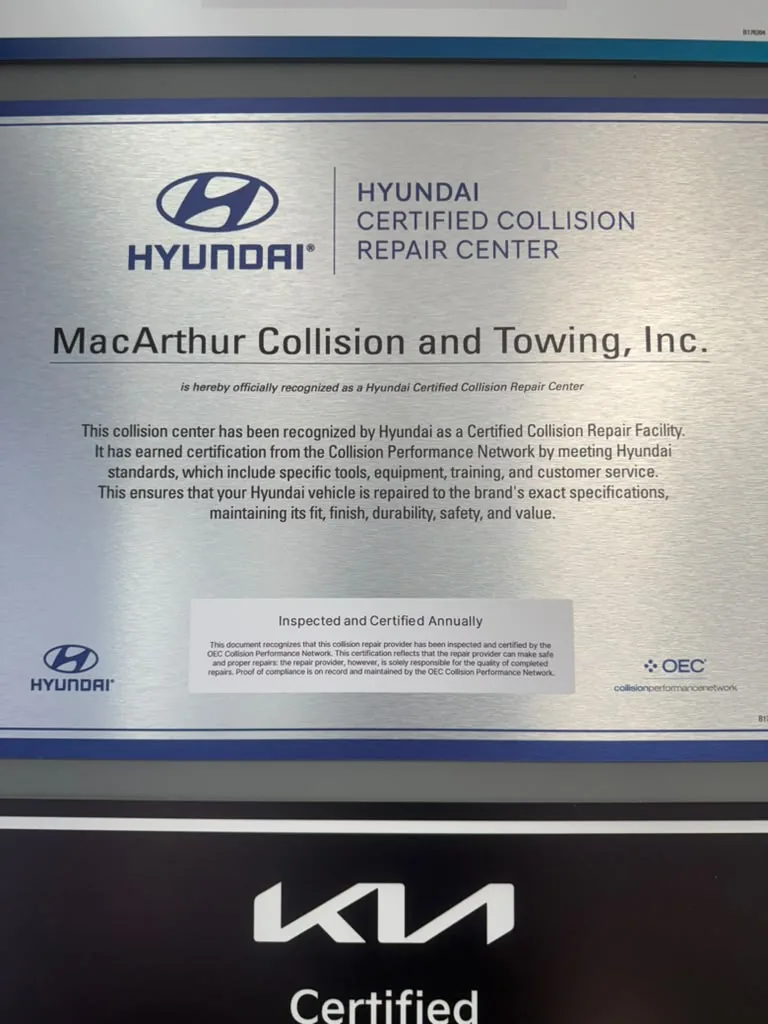 Hyundai Certified Collision Repair Center plaque