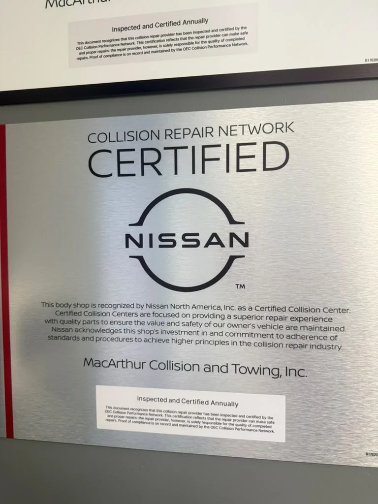 Nissan Collision Repair Network Certified plaque