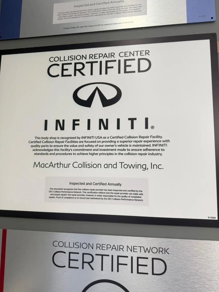 Infiniti Certified Collision Repair Center plaque