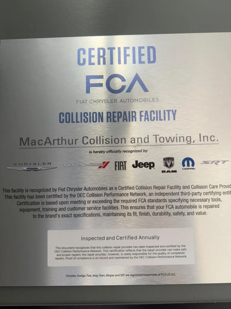 FCA Fiat Chrysler Automobiles Certified Collision Repair Facility plaque