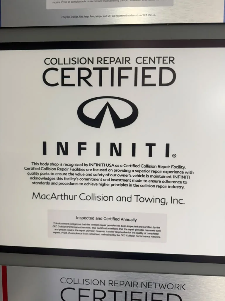 Infiniti Certified Collision Repair Center plaque, second display