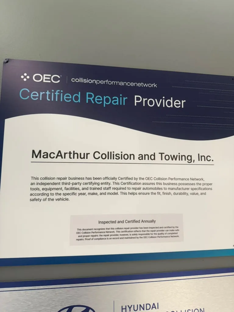 OEC Collision Performance Network Certified Repair Provider plaque
