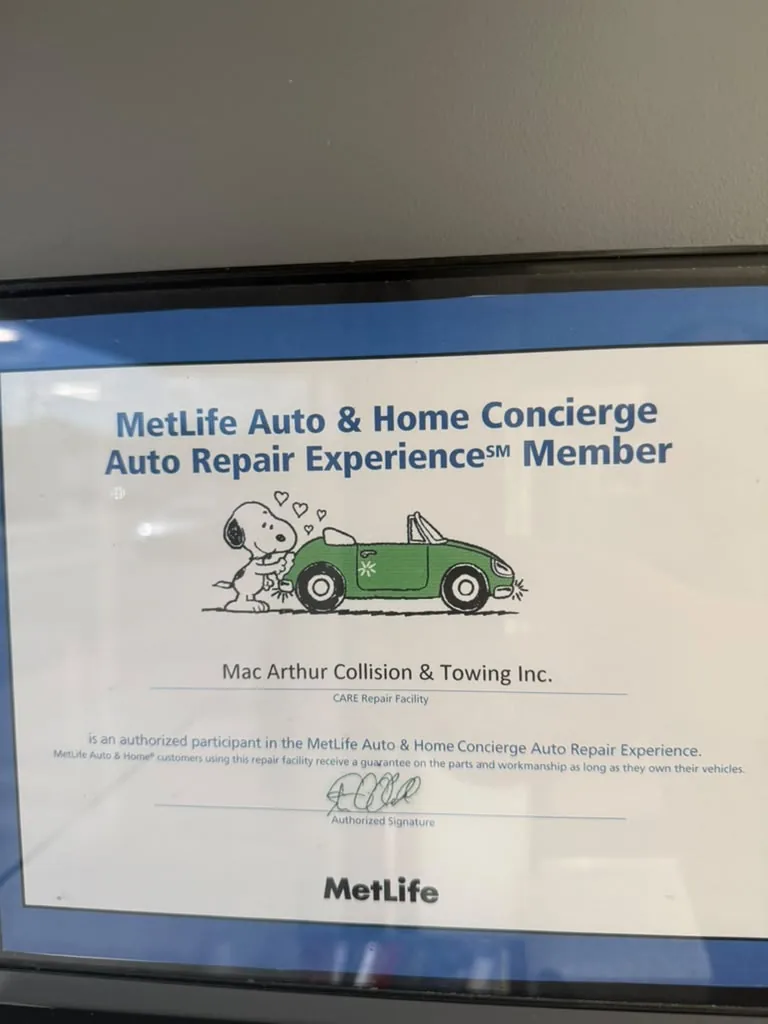 MetLife Auto & Home Concierge Auto Repair Experience member certificate